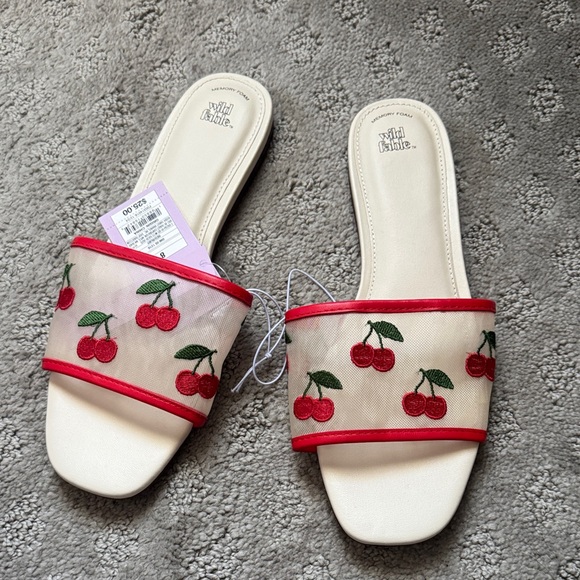wild fable Shoes - wild fable Cream Slide Sandals with Red Cherry Embroidery